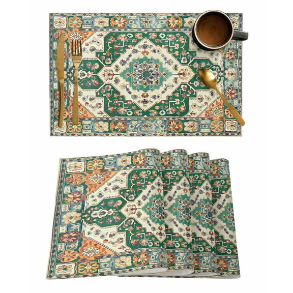 Green Orange Beige Boho Placemats Set of 6, Retro Ethnic Tribal Abstract Art Placemats for Dining Table, Place Mats for Kitchen Tabletop, Waterproof Wipeable Dining Table Mats Set