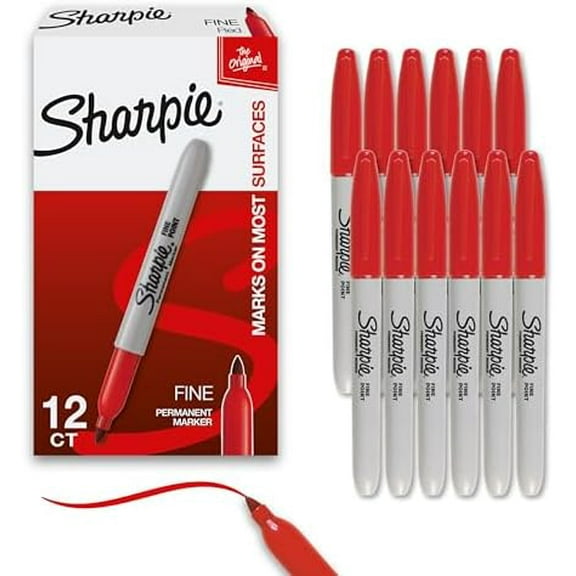 Sharpie Permanent Markers Set Fine Tip Markers Quick Drying And Fade Resistant For Plastic Metal Wood And More Drawing Coloring And Poster Marker Red 12 Count