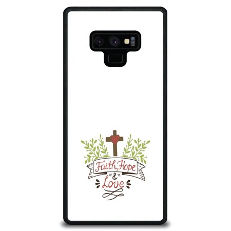 DistinctInk Case for Samsung Galaxy Note 9 (6.4" Screen) - Custom Ultra Slim Thin Hard Black Plastic Cover - Faith, Hope & Love - Cross & Leaves