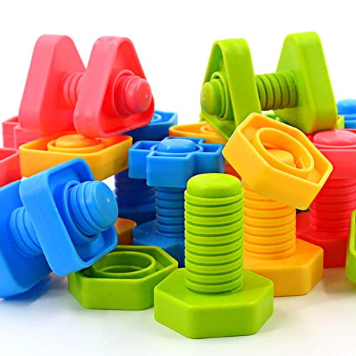 TOMYOU 32 pcs Shapes Nuts and Bolts Stacking Toys - STEM Color Sorting Learning Games - Montessori Building Construction Kids Matching Game for Preschoolers - Construction Fine Motor Skills