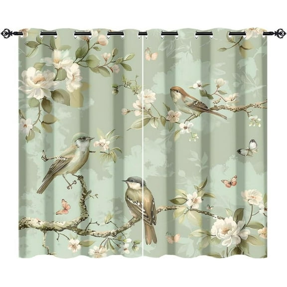Rustic Birds Curtains For Living Room Bedroom Vintage Spring William Morris Floral Watercolor Tropical Modern Green Thermal Insulation Curtains 52"W x 84"L (Pack of 2)