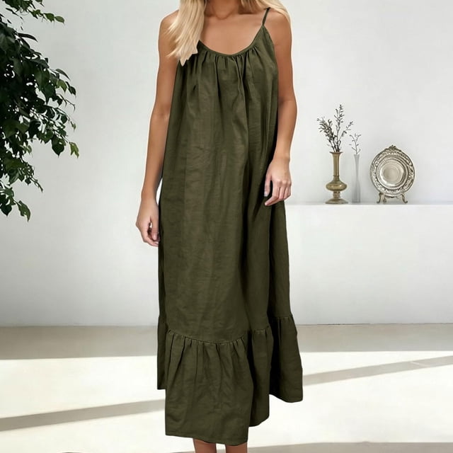 Uootdi Women's Beach Dresses Spaghetti Strap Sleeveless Ruffle Solid Maxi Dresses Vacation Lightweight Flowy Linen Dresses Gift
