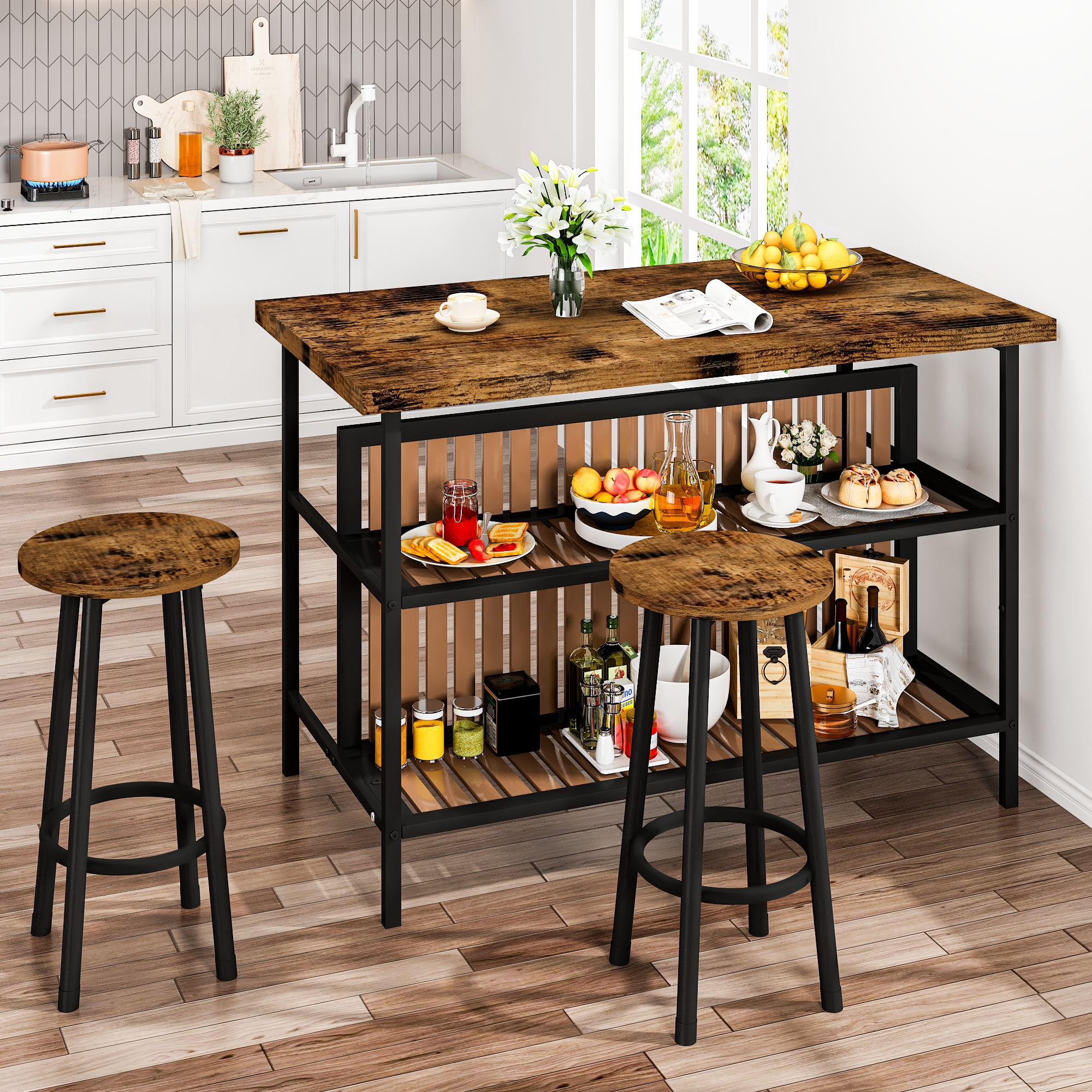 Cvortll Kitchen Island with Seating and Storage, 47.2" Wooden Counter Height Bar Table with 2 Stools, Space Saving Dining Table Set for Small Apartment or Bistro, Brown