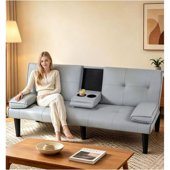 Ehsovlnut 67-inch PVC Futon Sofa Bed, Convertible Couch with Fold-Down Cup Holders and 2 Pillows
