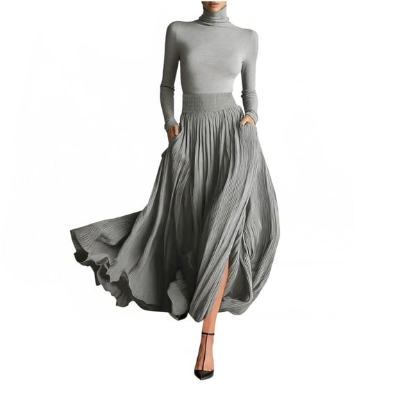 Women's 2-Piece Maxi Dress Set Turtleneck Long Sleeve Slim Knit Top with Smocked Waist Pleated Flowy Long Skirt