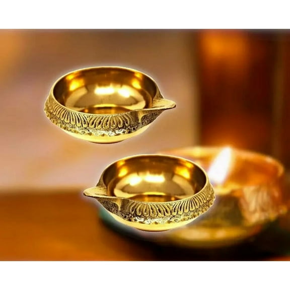Brass Diya Decorative Engraved Kuber Oil Lamp Diya For Home ,Temple Set of 2