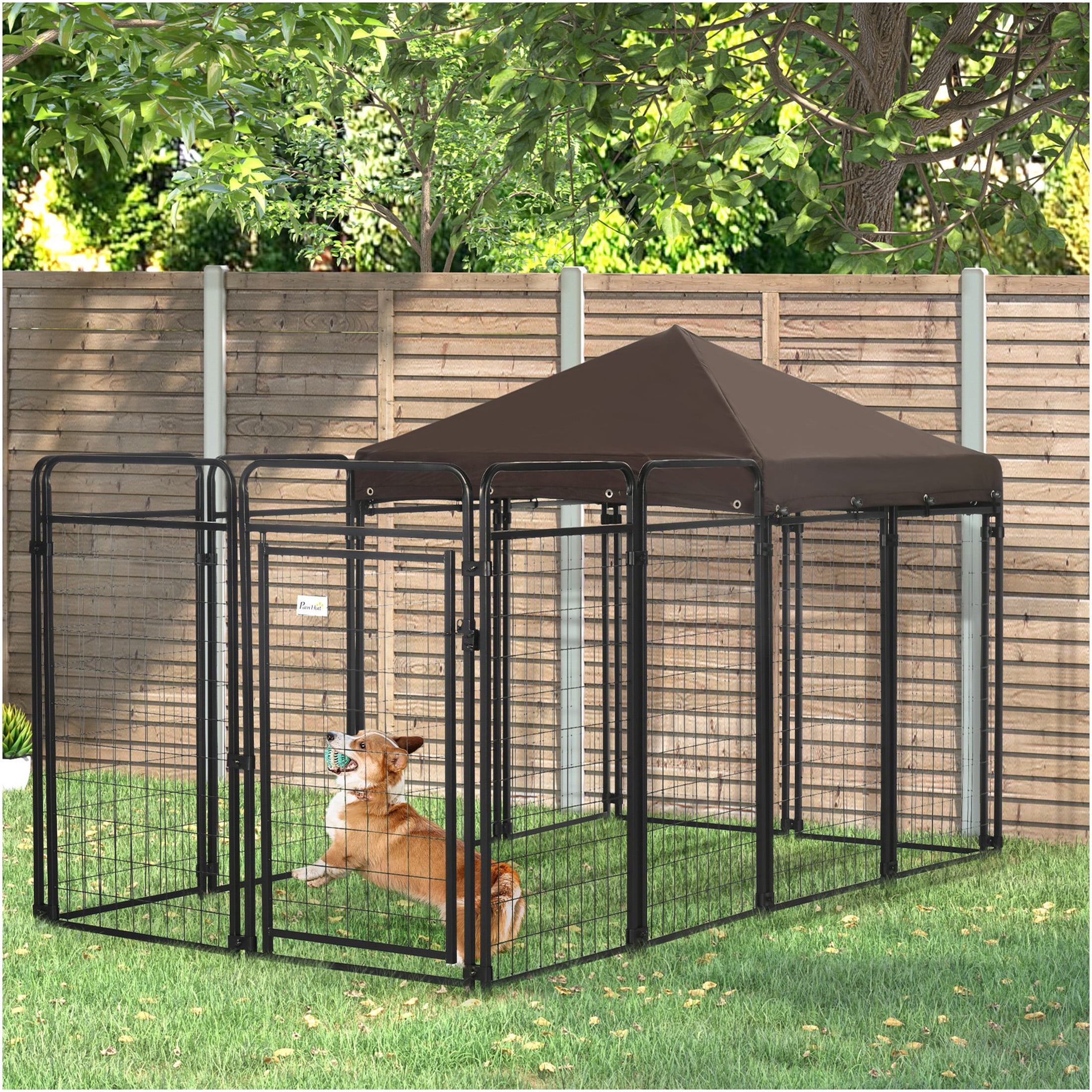 JERFIT Large Outdoor Dog Kennel with Shade Roof, 5.2ft Tall Heavy Duty Steel Pet Cage Playpen for Big Medium Dogs, 9.3'x4.6'x5.2' Black