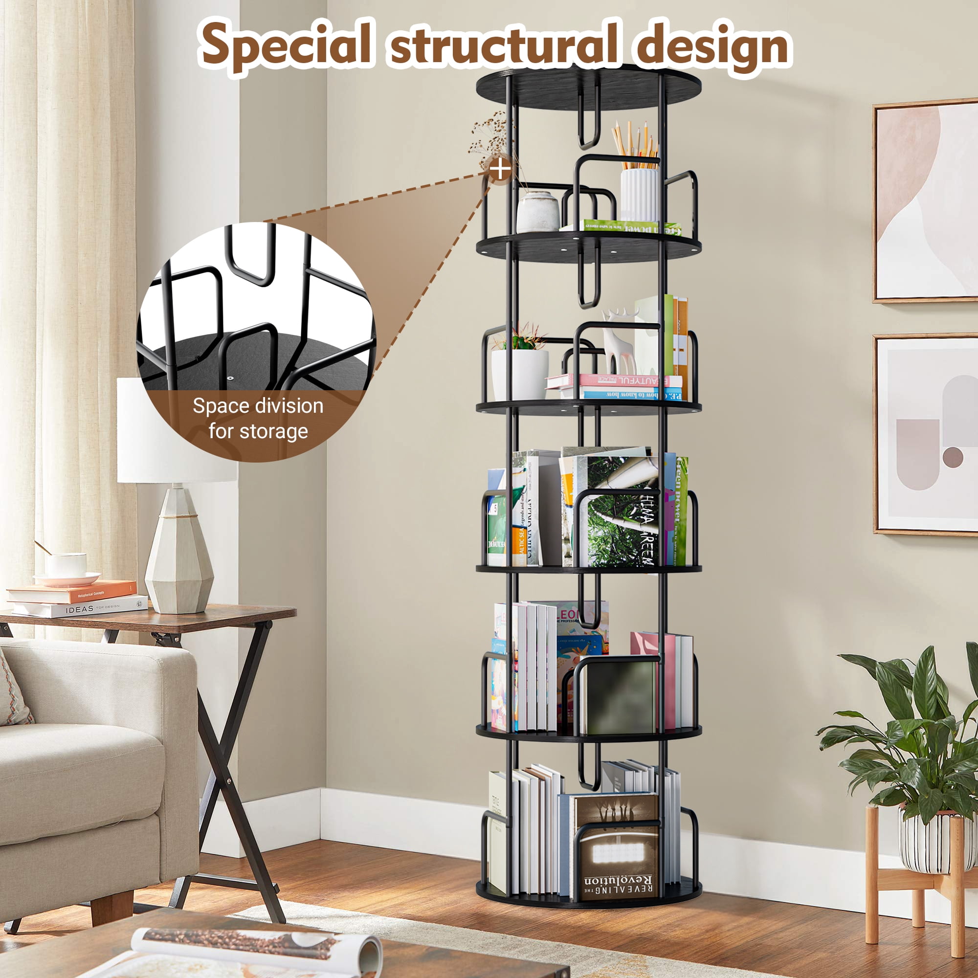 Leumius 5 Tier Rotating Bookshelf, Revolving 360 Book Shelf Narrow Tall Bookcase, Vertical Turning Round Storage Bookshelf for Bedroom, Living Room Black