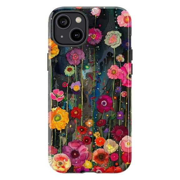 Vibrant Floral Watercolor Phone Case – Colorful Poppies on Black Background Phone Cover for iPhone 16 15 14 13 12 11 Pro Max Plus Mini