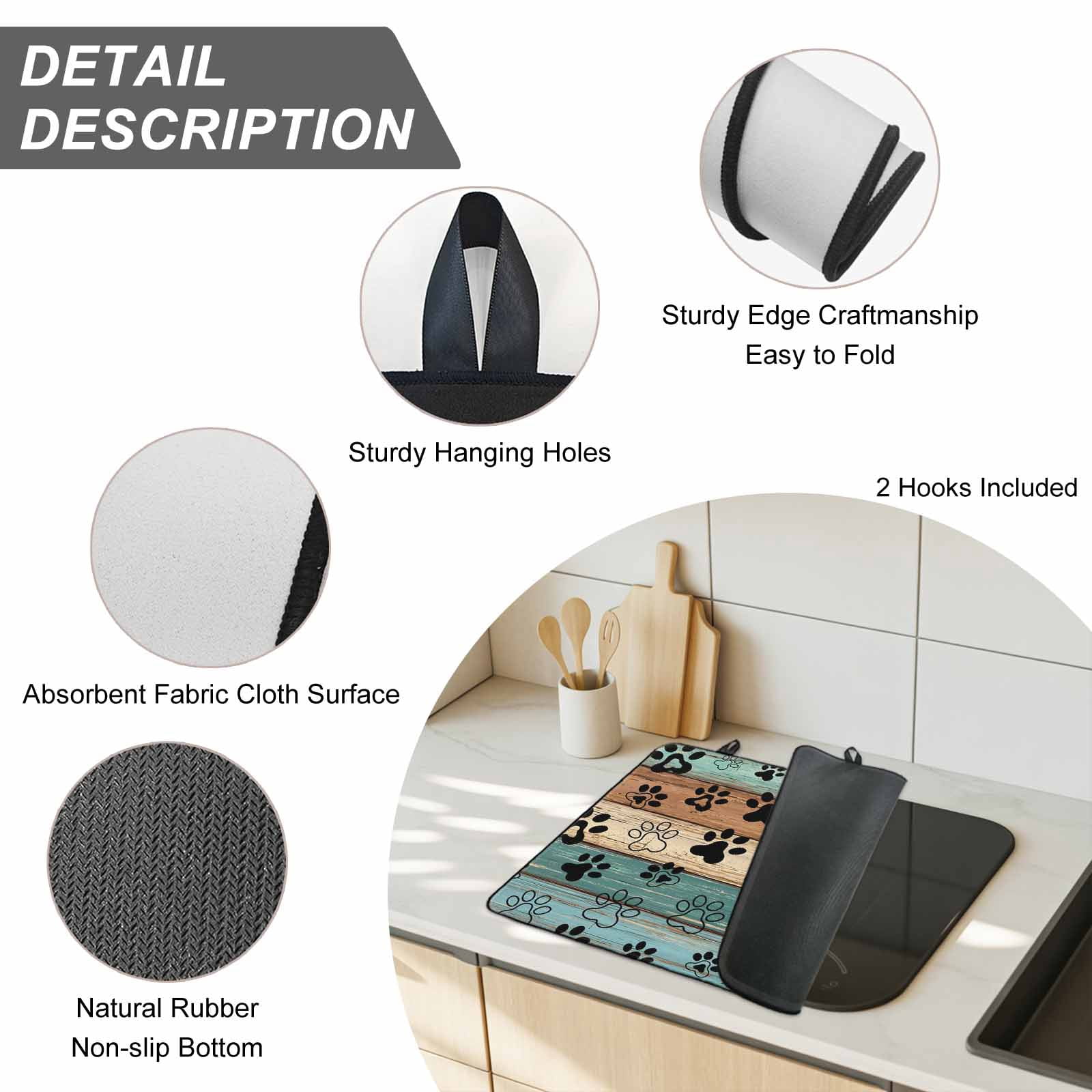 Black Dog Claws Stove Top Cover for Electric Stove, Heat-proof & Non Slip Glass Top Stove Cover Protector, Cat Pets Printed Teal Brown Wood Grain Kitchen Flat Cooktop Rubber Mat 24x21 Inches