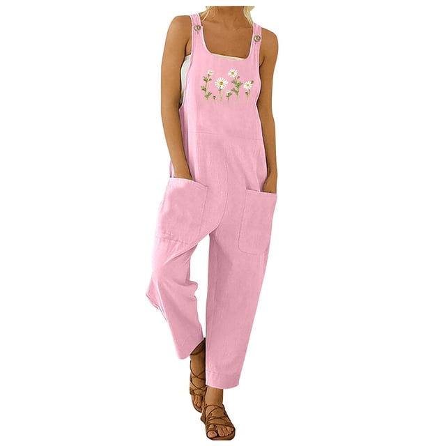 TrendOFT Combinaison d'Été pour Femmes, Coupe Ample Décontractée, Imprimé Mode, Bretelles, Boutonnée, une Pièce, Rose P