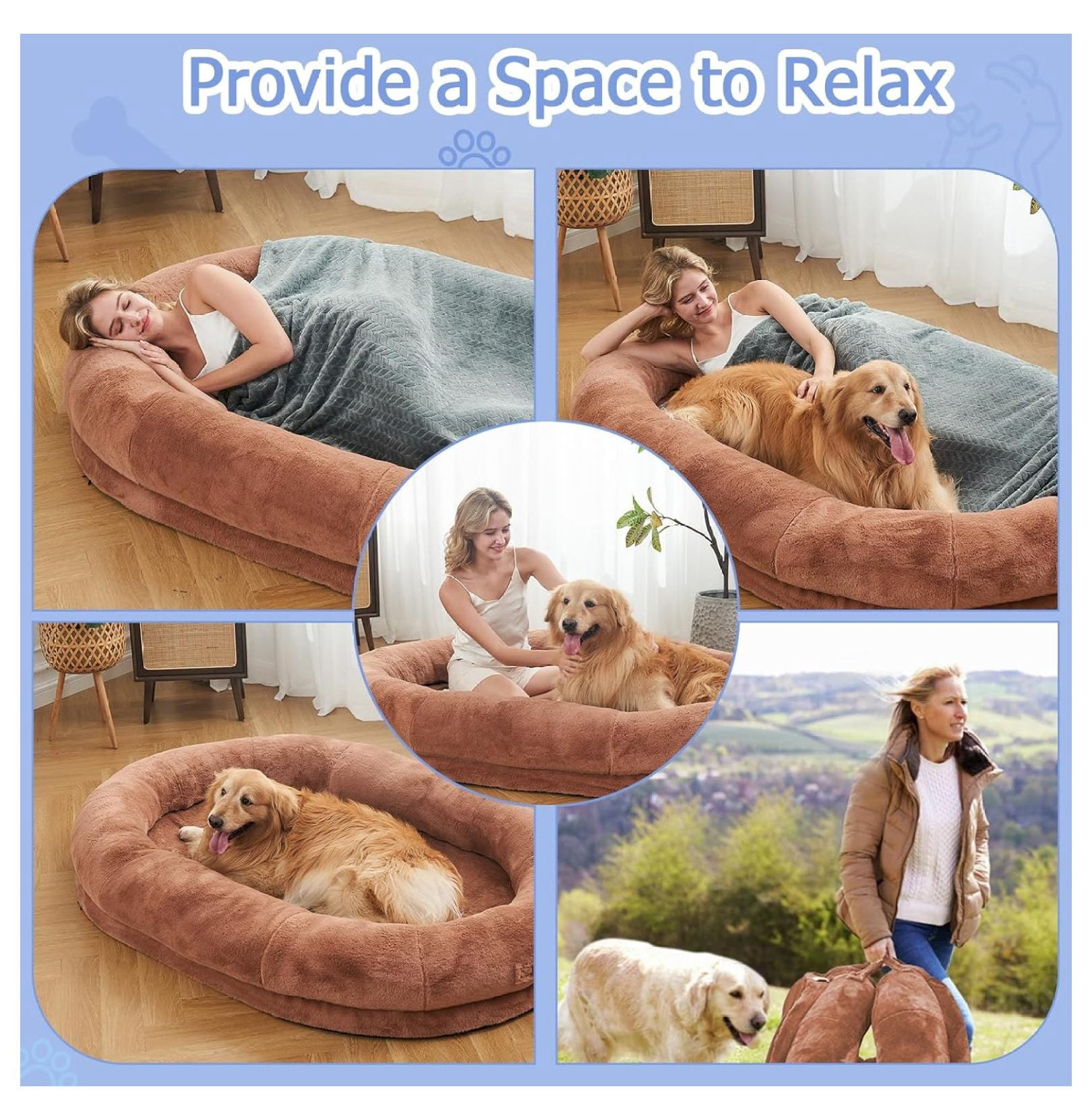 Human Dog Bed 72x48x10 Large Fluffy Cloud Lounger for Adults Pets Indoor Relaxation Sleep Rest Comfort Tan