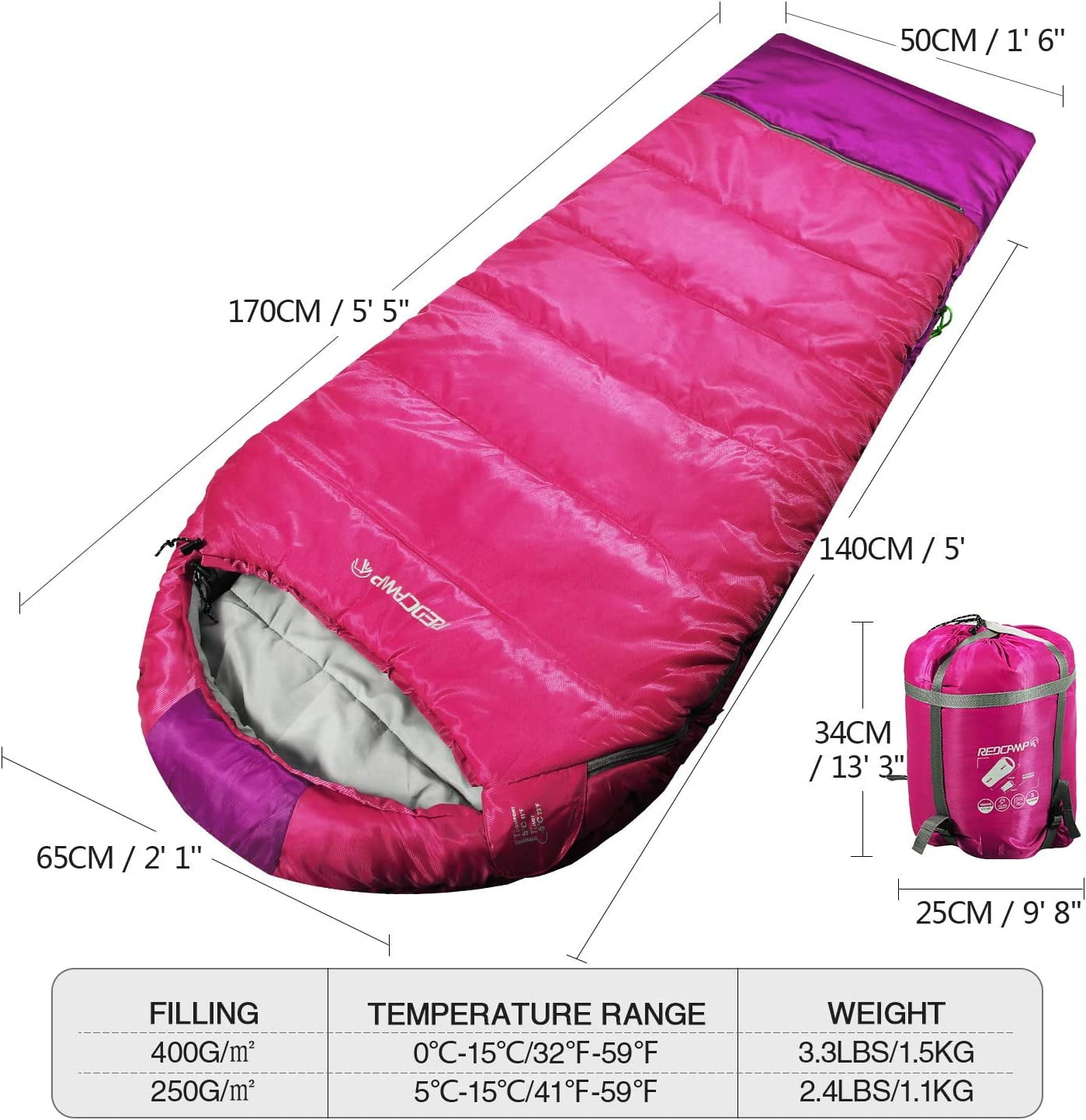 REDCAMP Kids Mummy Sleeping Bag for Camping, 3 Season Cold Weather Sleeping Bag Fit Boys,Girls & Teens,Rose Red