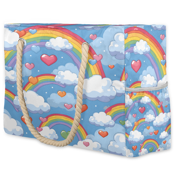 Herdesigns Cute Rainbow Heart Tote Beach Bag for Women Ladies Large Zipper Beach Bags Waterproof Sandproof Summer Gym Swim Pool Travel Bag