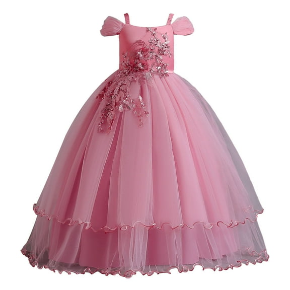 Honeeladyy Toddler Girls Princess Dress Net Yarn Embroidery Flowers Mesh Bowknot Birthday Party Gown Long Dresses Children's Photo Shoot Dresses
