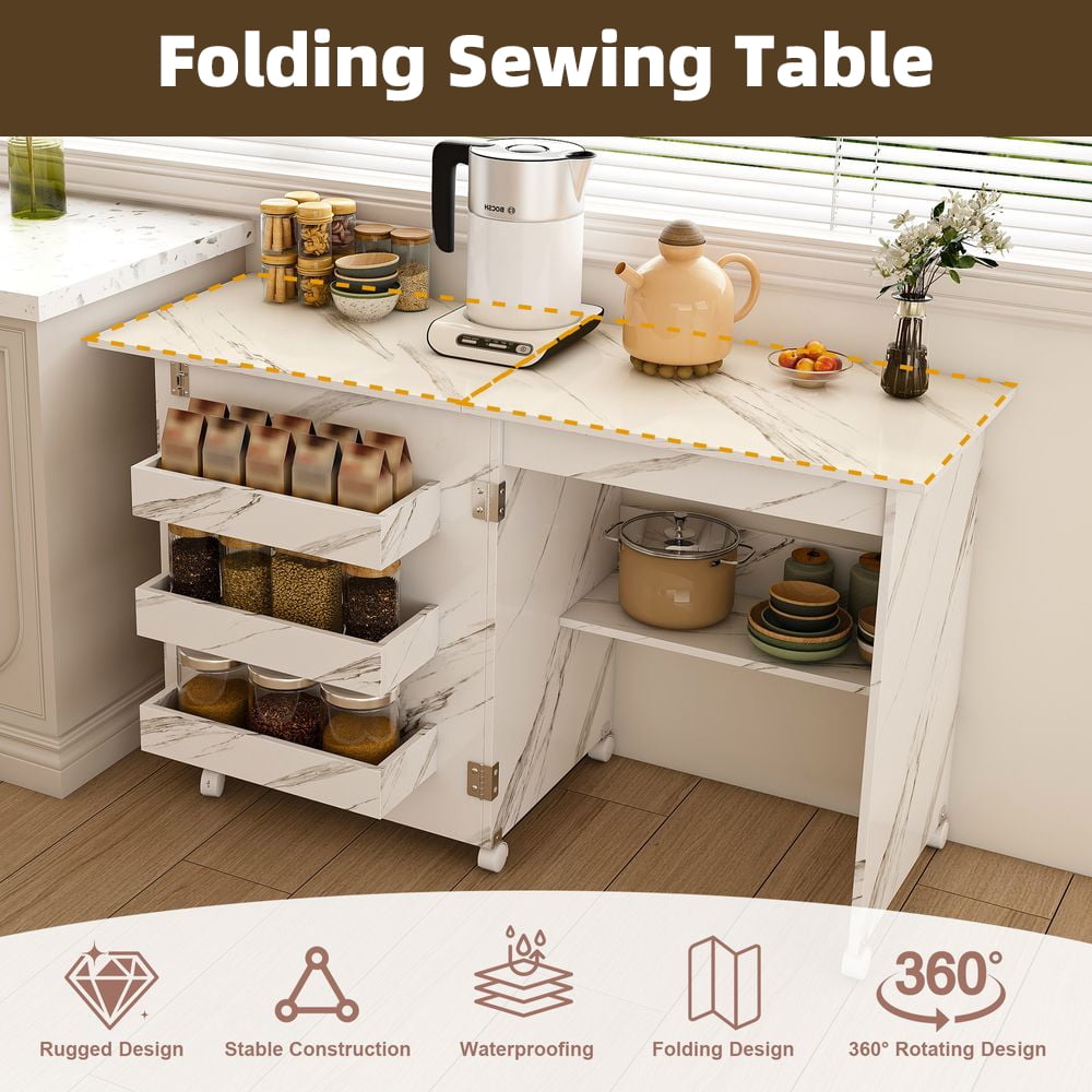LUMAMIN Folding Sewing Table with Lockable Wheels, 4-in-1 Multipurpose Rolling Craft Station, End Table, Computer Desk & Kitchen Storage Cabinet,White