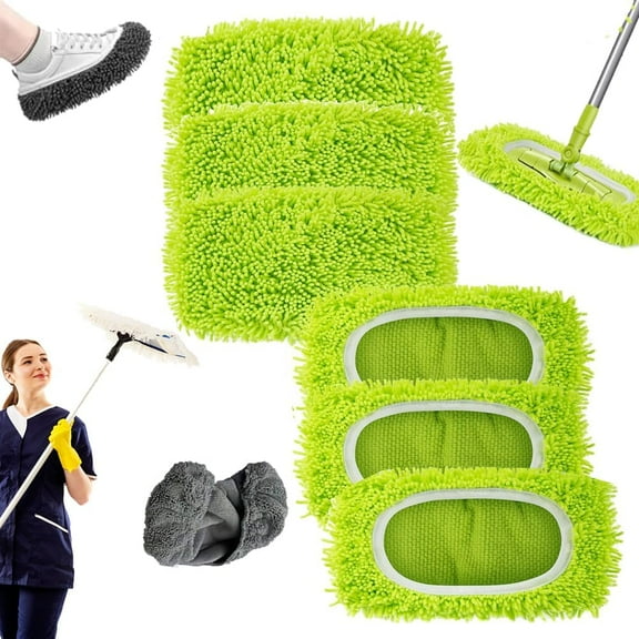 Chenille Mop Refill Pads for Home Use, Reusable Microfiber Mop Pads,Mops Covers Washable Wet Mopping Cloths Fits Most Standard Mops (6PCS Green-2)