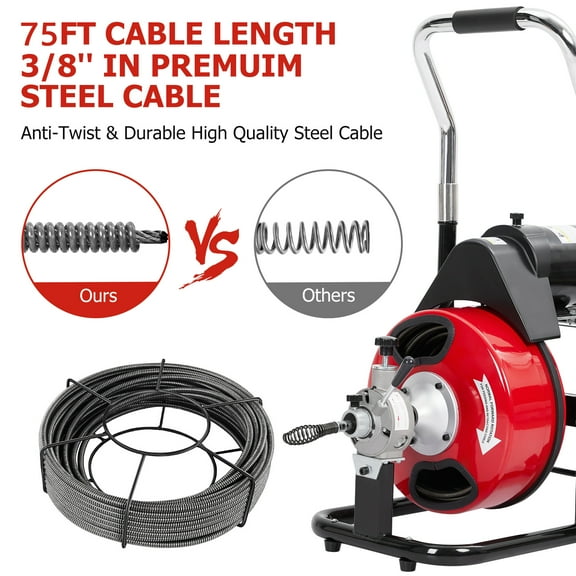 Yesurprise 75FT x 3/8" Drain Cleaning Machine 250W Auto-Feed Drain Auger 4 Cutters & Foot Switch for 1-4" Pipes