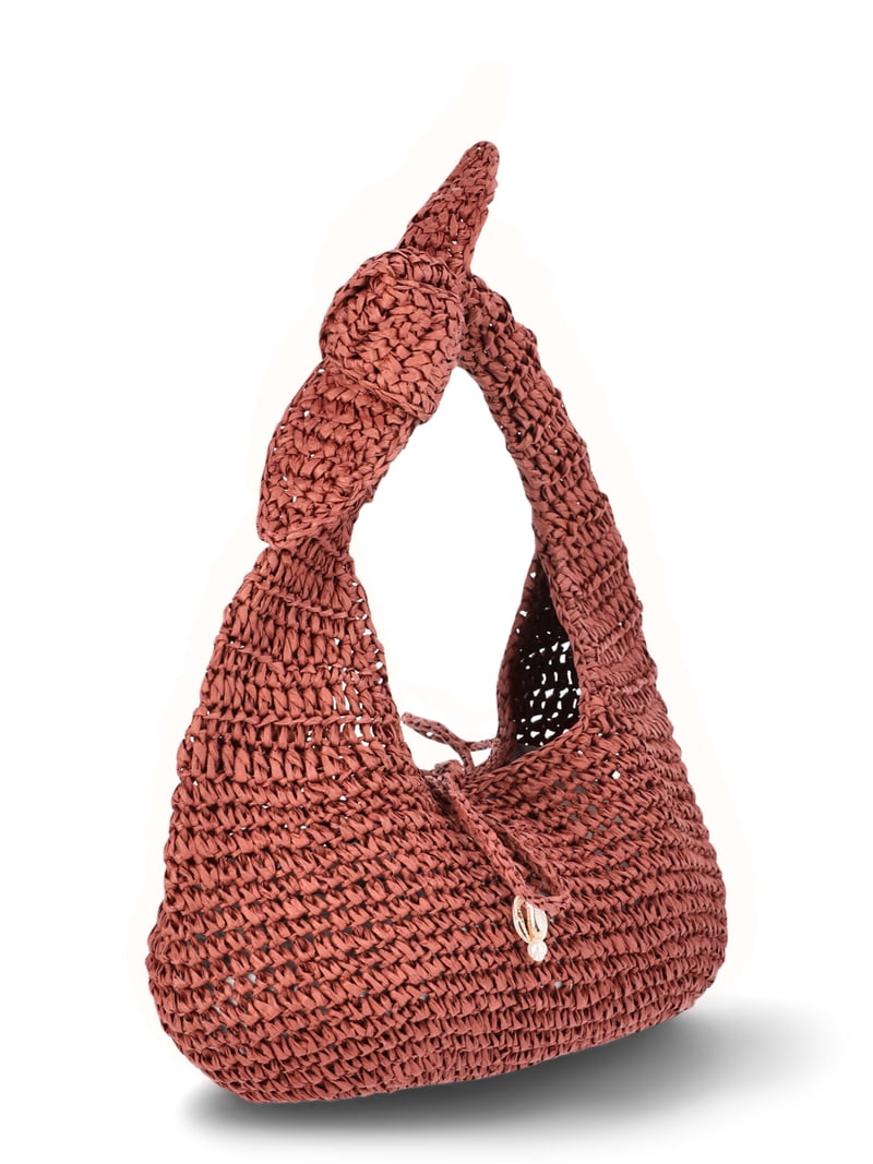 Time and Tru Knot Straw Crescent Bag, Small Beach Handbag with