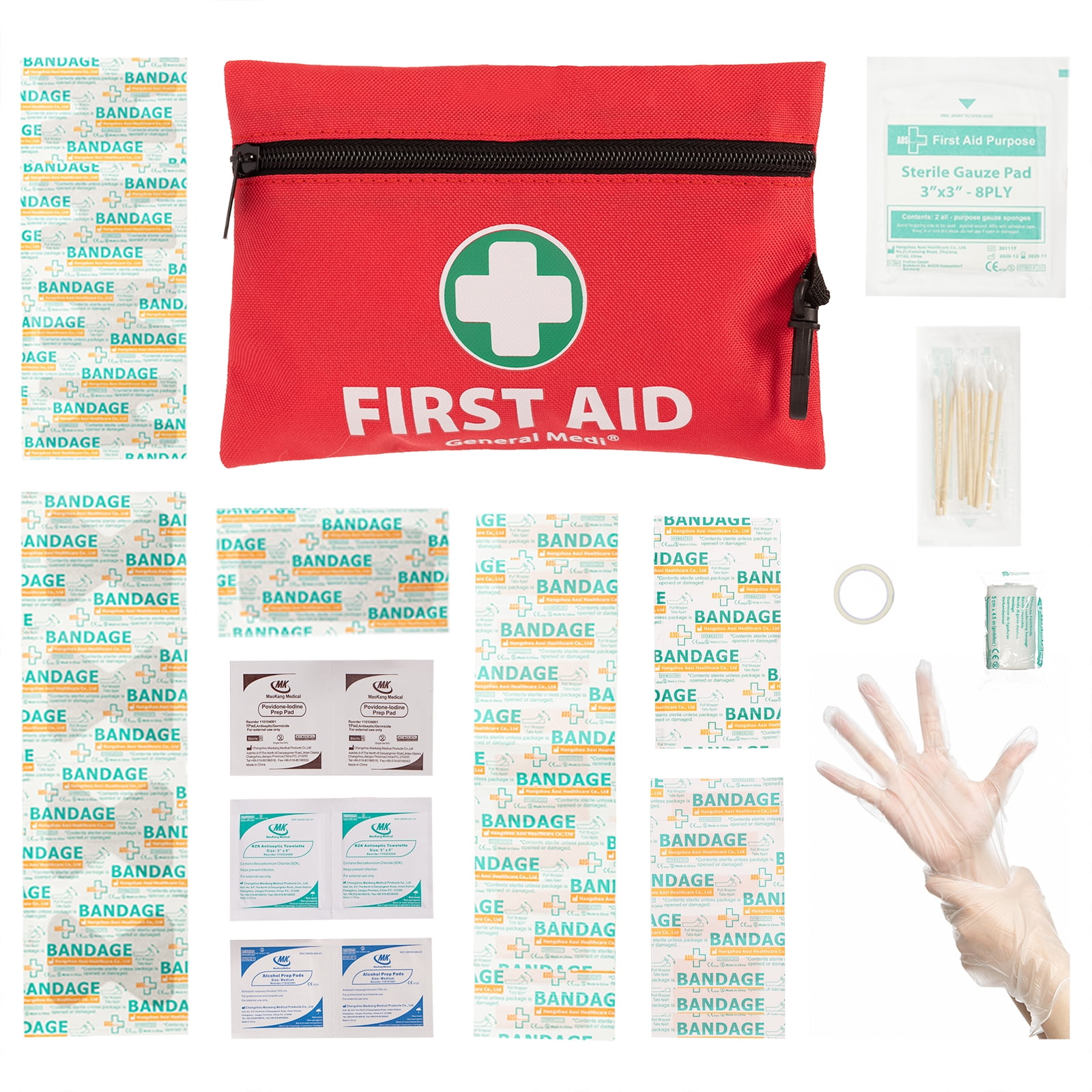 General Medi 127-pieces Roadside Car Emergency Kit Include Mini First Aid Kit, Jumper Cables,Tow Rope, Bandage, Safety Vest, Emergency Triangle, All