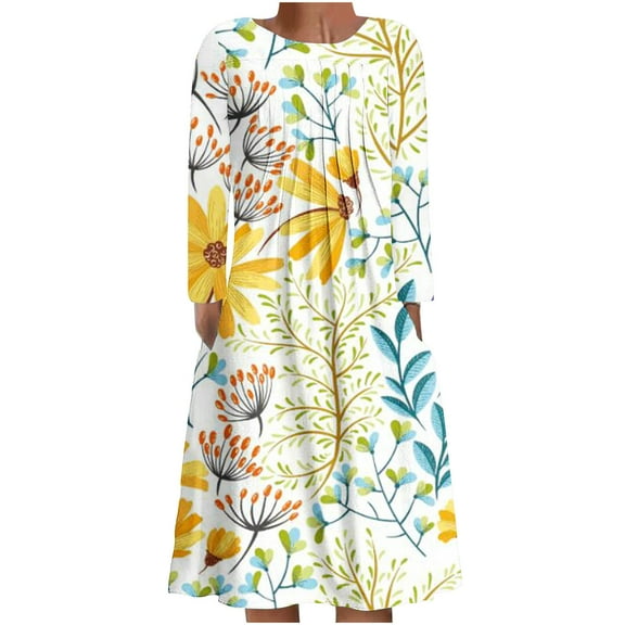 Edvintorg Fall 2025 Womens Fashion Dresses with Pocket Women's Casual Round Neck Long Sleeve Folding Floral Printed Dresses