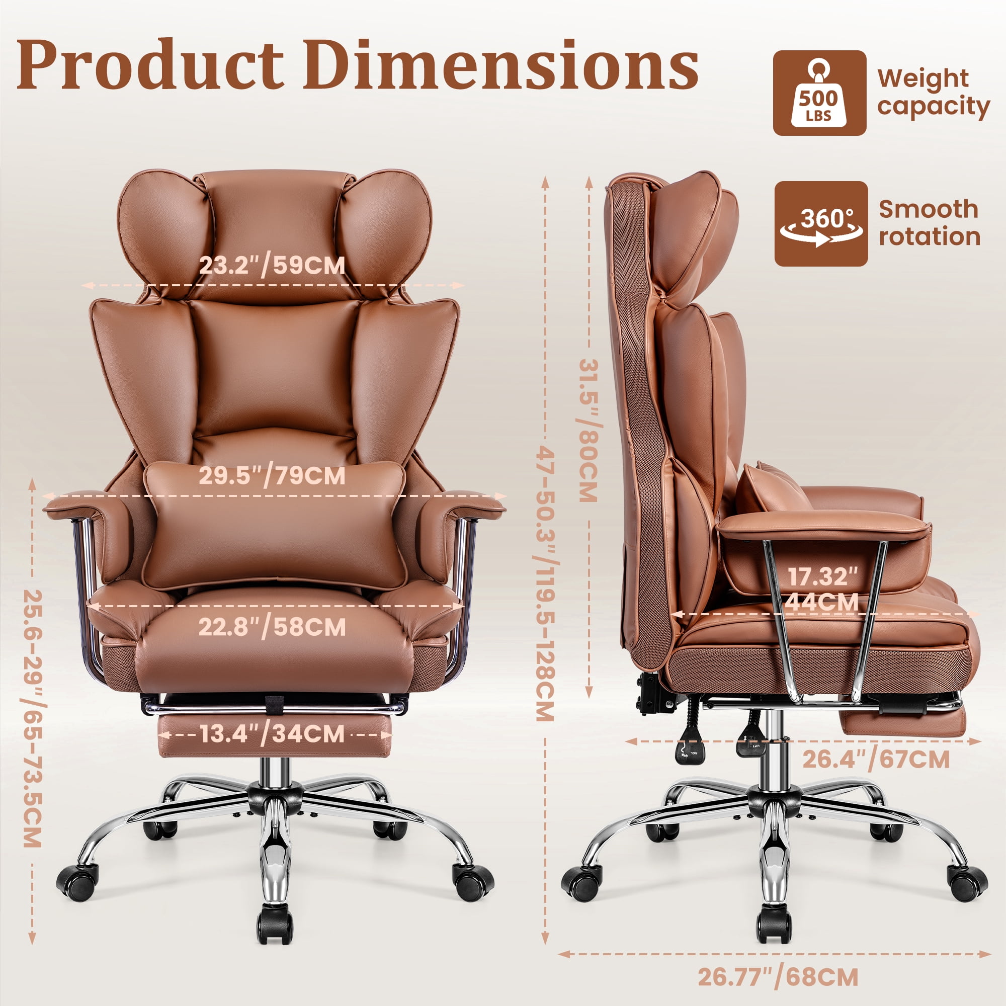 COOLHUT Big and Tall Office Chair 500LBS Wide Seat Ergonomic Computer Desk Chair, PU Leather Executive Office Chair with Footrest, Adjustable Task Chair Lumbar Back Support 8 Hour, Brown