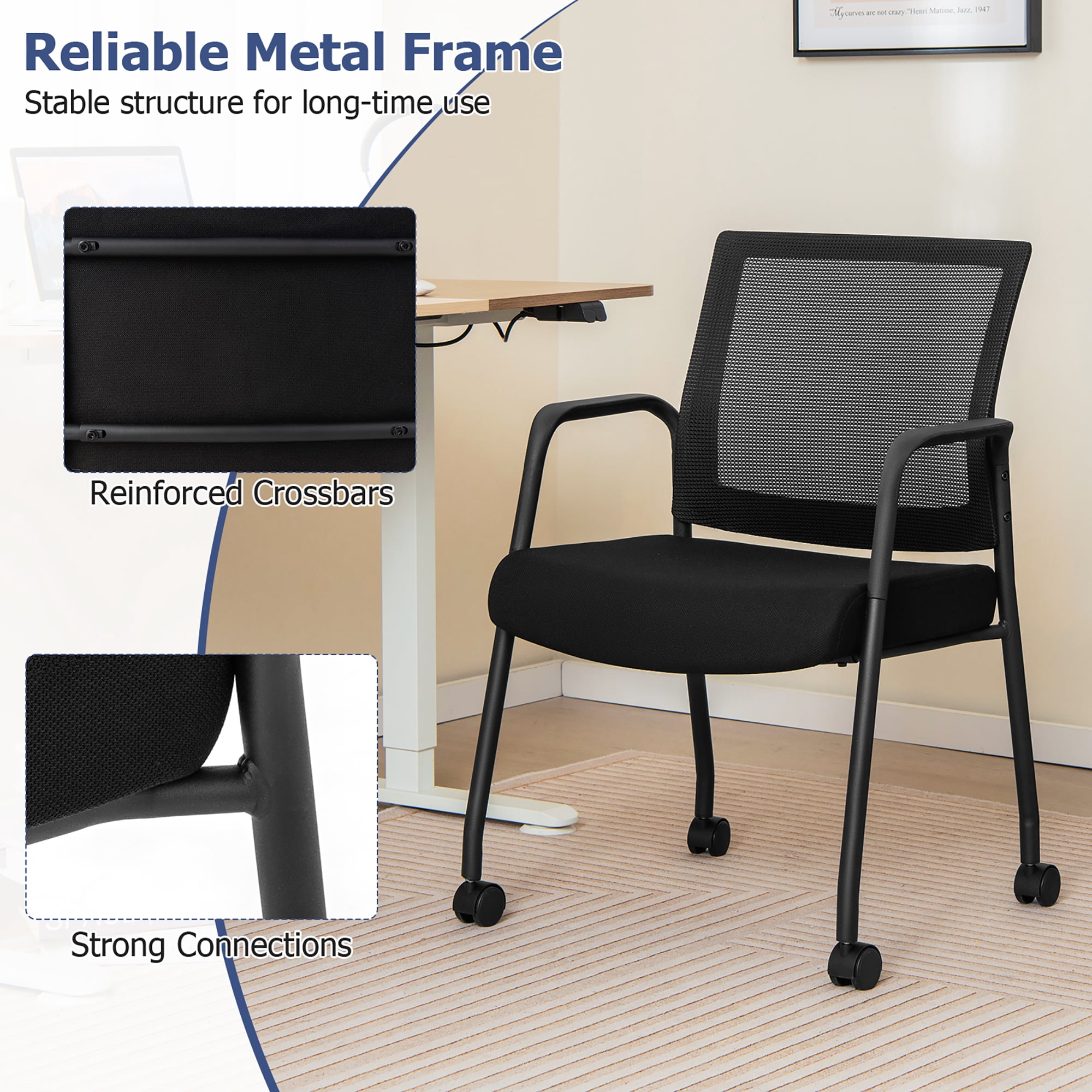 Gymax 2 Pcs Office Guest Chairs on Wheels w/ Metal Frame & Armrests Mesh Back Office
