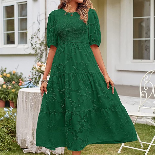 Vestido Plisado De Mujer Vestido plisado de mujer con manga abullonada y gran columpio para fiesta (verde retro XL) Ygjytge para Mujer verde retro T S