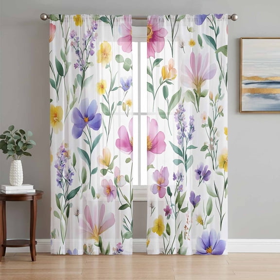 Sheer Curtains 72 Inches Long 2 Panels Set for Bedroom, Colorful Floral Semi Sheer Curtains for Windows, Watercolor Vintage Flower Spring Plant Voile Window Treatments Rod Pocket Curtain