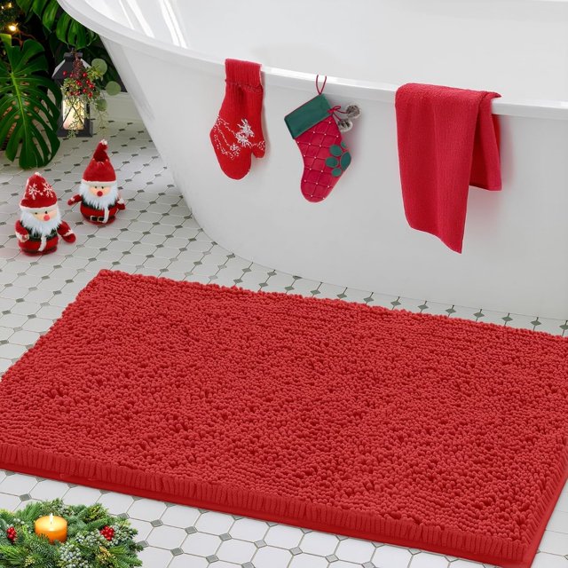Alfombra de baño LuxUrux de chenilla ultrasuave: microfibra afelpada, superabsorbente y de secado rápido, diseño acogedor y peludo, lavable a máquina (61 x 91 cm, roja)