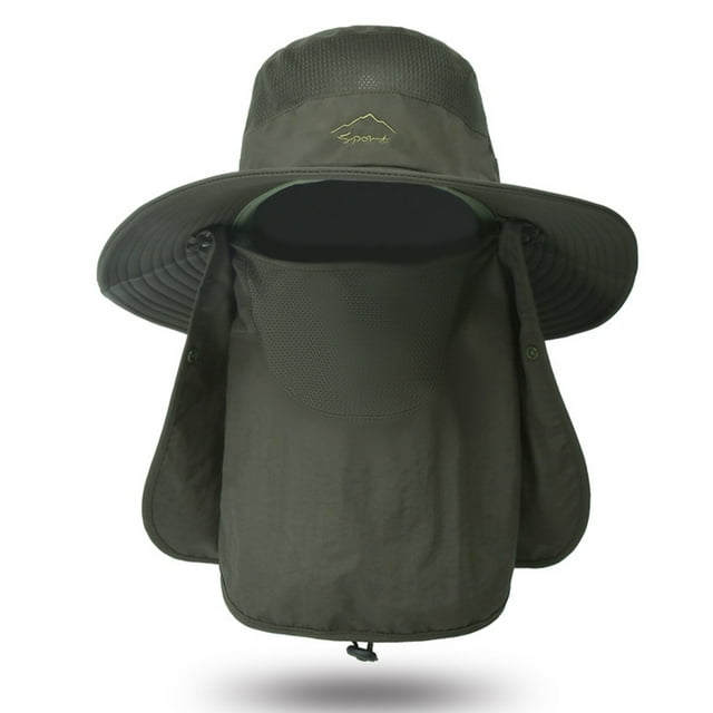 Chapeau de Protection UV Multifonctionnel pour Extérieur avec Rabat Amovible pour Visage et Cou, Cordon de Serrage Réglable, Grand Bord Respirant pour Camping, Pêche, Jardinage, Voyage - Vert Armée XBG-9073