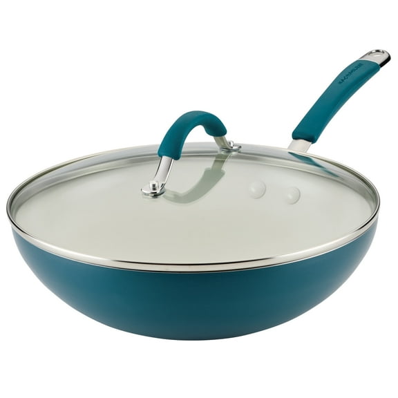 Rachael Ray Cucina 11 inch Ceramic Nonstick Stir Fry Pan with Lid, Marine Blue
