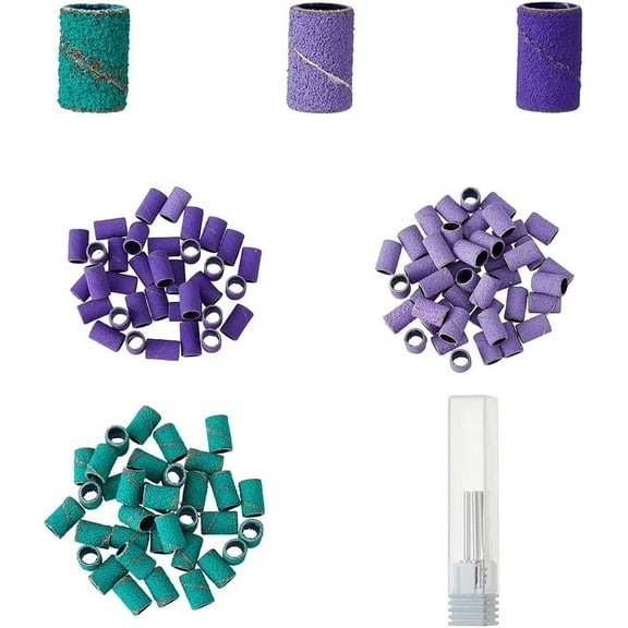 1box 150pcs Professional Small Sanding Bands PVC Plastic Nail File Sanding Bands Replacement 3 colors Sanding Drill Bit for Nails with Alloy Mandrel Bit 50pcs/bag