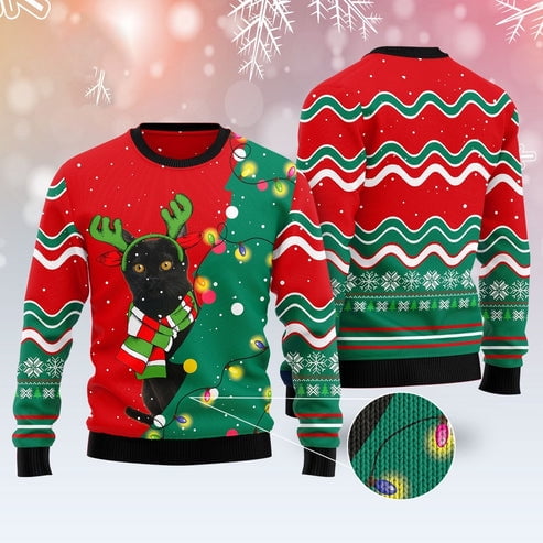 Cat Xmas Sweater, Black Cat Christmas Tree Led Light 3D Christmas Sweater, Sweater Xmas