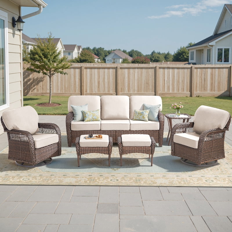 6 Piece Outdoor Wicker Furniture Sets,Patio All Weather Cushioned Conversation Sets with Swivel Rokcing Chairs, Ottomans and Sie Table for Backyard Porch Garden,Beige