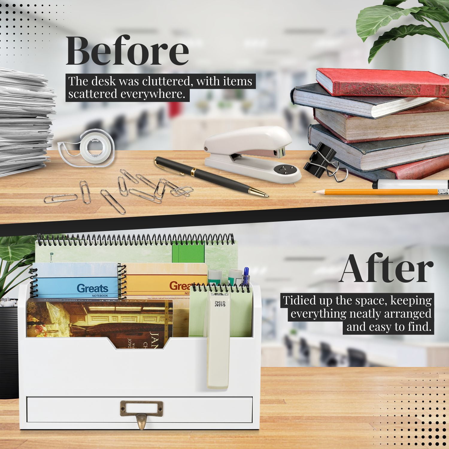 Wood Desk Organizer - Wooden Mail Organizer with Drawer for Mail, Bills, Accessories & Pen - 3 Tier Wood Bill Organizer for Desk, Tabletop, Countertop, and Office Workspace (Beige Wood)