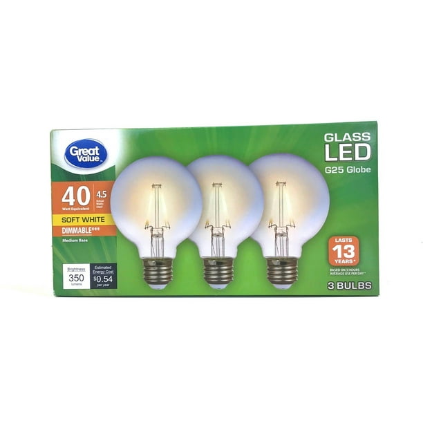 Great Value Glass LED G25 Globe Light Bulbs, 40W, Soft White, 3 Count