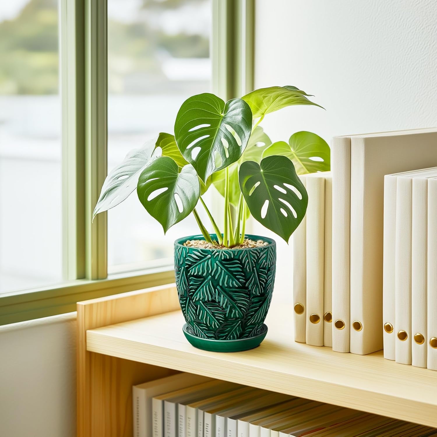 BUYMAX Ceramic Plant Pots, 6 inch Indoor Plant pots with Drainage Hole and Saucer, Flower Pots, Set of 2, Leaf Embossed - Green Glaze