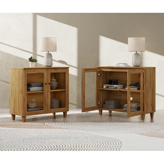 Large Bedroom Nightstands with Glass Doors - Set of 2, Bedside Table with Adjustable Shelf and Cable Management, Brown