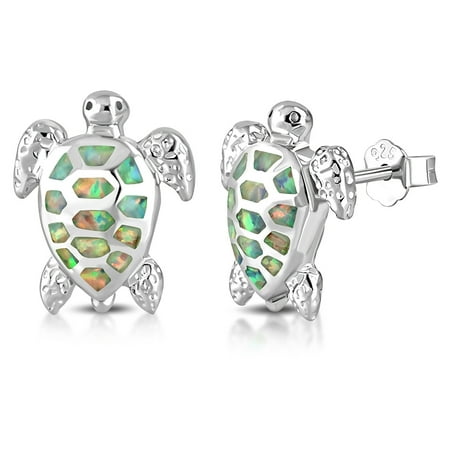 - 925 Sterling Silver White Pink Green Simulated Opal Turtle Stud Earrings