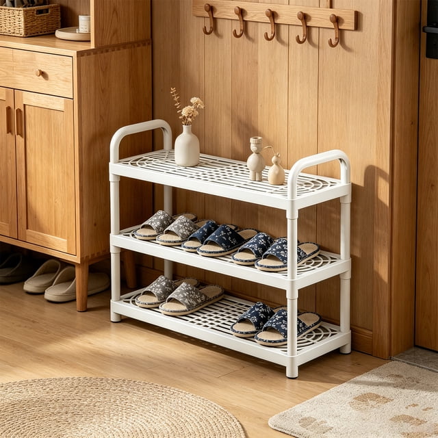 Multi Tier Shoe Rack Organizer 3 Tier White Storage Shelf Lightweight Sturdy For Entryway Closets Balcony Laundry Room And Plants Stand Use