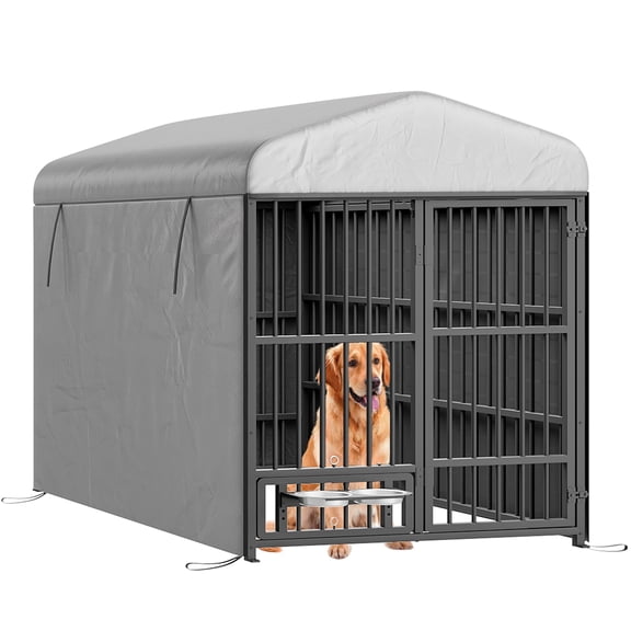 HOOBRO Outdoor Dog Kennel with Cover, 6.6 x 3.9 x 5.9 ft Dog Kennel Outside with Waterproof Roof and Rotating Feeding Bowls, Heavy-Duty Large Cage Enclosure, for Medium & Large Dogs, Black BK212GW03