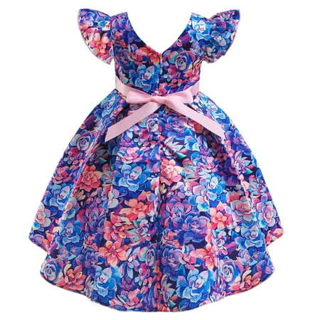 

Aayomet Princess Dresses For Girls Child Girls Fly Sleeve Pageant Dress Birthday Party Kids Floral Prints Bowknot Gown Purple 3-4 Years