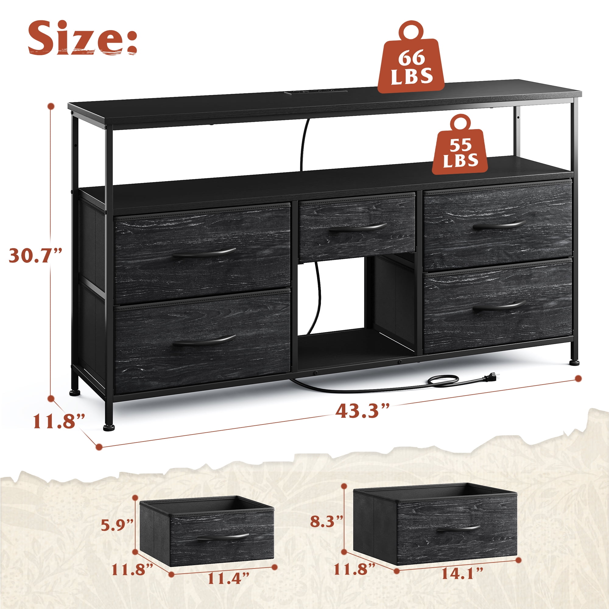 EnHomee Wide Dresser with 5 Drawers TV Stand for 50"Inch TV, Dressers for Bedroom with LED Lights & Power Outlets,Black