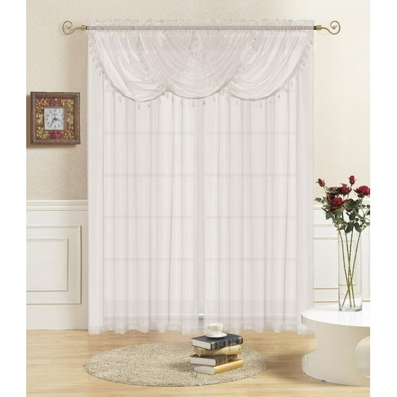 Sheer Valance Rod Pocket, Lightweight Solid Sheer with Tassel Fringe Border, Single Window Waterfall Valance, 36" x 35", Lisa (Beige)