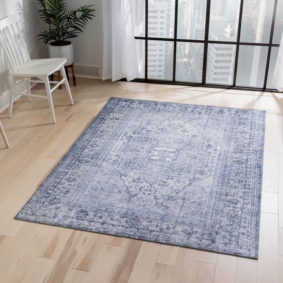Well Woven Nile Gila Vintage Bohemian Medallion Botanical Border Grey 7'7" x 9'6" Machine Washable Flat-Weave Area Rug