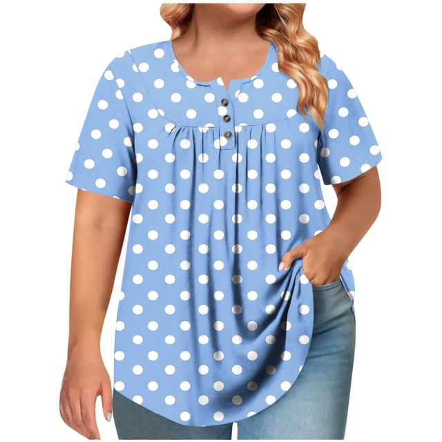 Liquidation de Hauts pour Femmes Grande Taille, Blouse d'Été à Manches Courtes pour Femmes, T-shirt Plissé à Boutons à Col Rond à Manches Courtes pour Femmes Grande Taille
