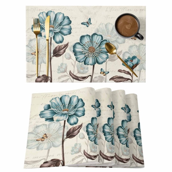 Blue Tulip Placemats Set of 8, Vintage Floral Leaves Butterfly Plants Beige Placemats for Dining Table, Place Mats for Kitchen Tabletop, Waterproof Wipeable Dining Table Mats Set