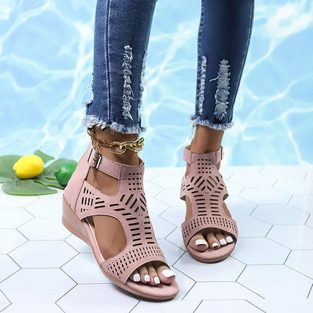 

XIAQUJ Sandals for Women Ladies Fashion Peep Toe Causal Shoes Hollow Out Wedges Sandals Sandals for Women Pink_002 8(39)