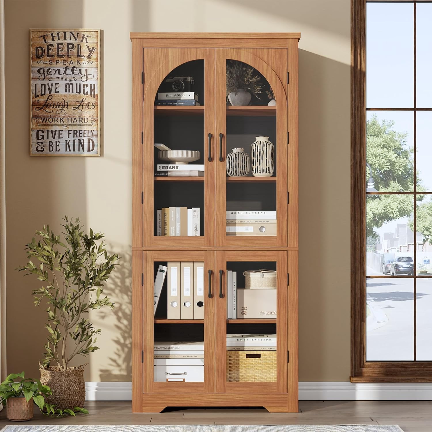 70" Tall Kitchen Pantry Storage Cabinet with Glass Doors, Farmhouse Cupboard with Adjustable Shelves, Freestanding Food Pantry for Kitchen, Dining, Living Room